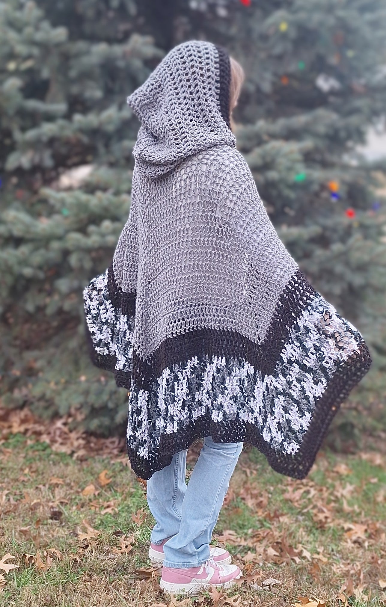 Handmade Crocheted Hooded Cape in Gray, Black & White | Cozy Winter Layer, One Size Fits Most