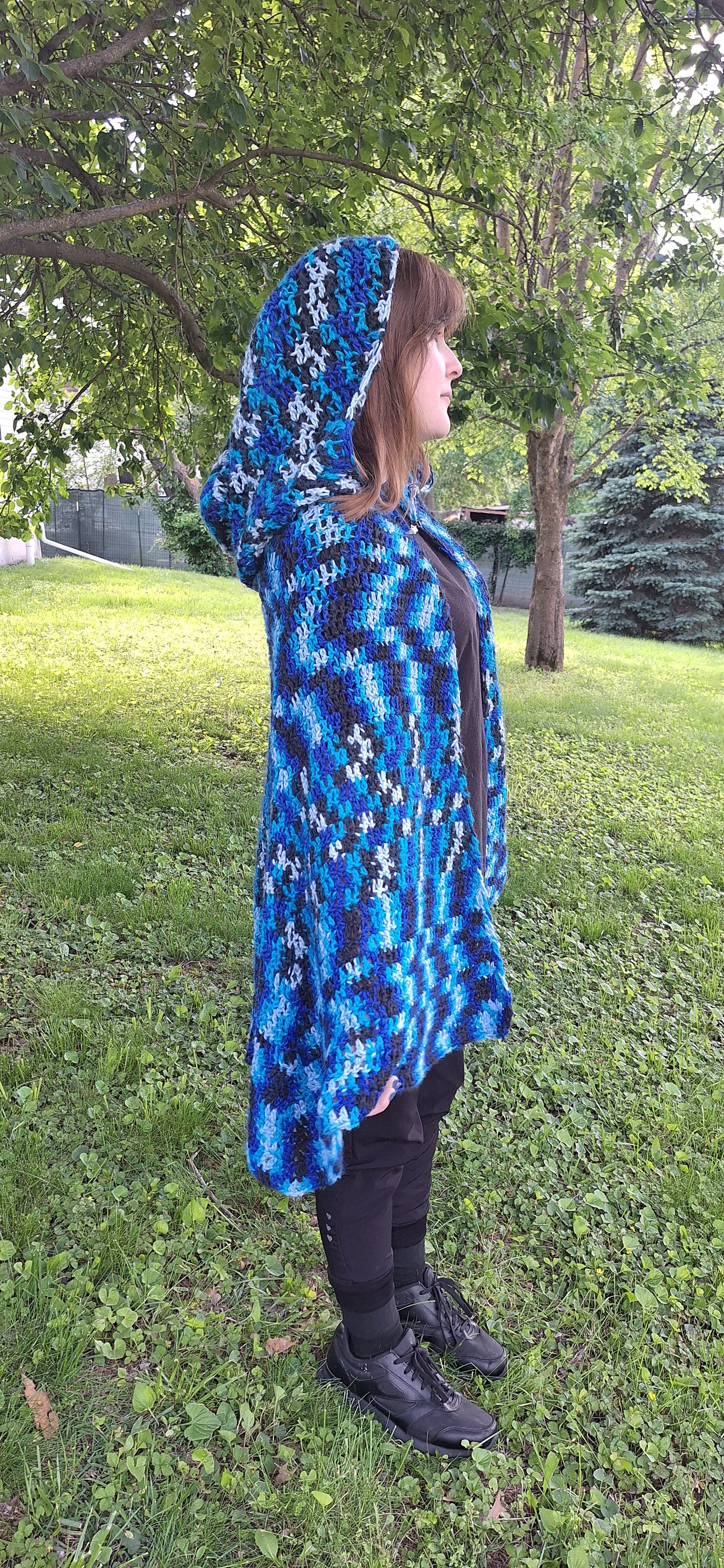 Stormwatch Hooded Cape – Handmade Crochet Cape in Blue, Black & White | Fantasy-Inspired Cloak with Clasp