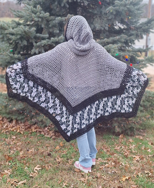 Handmade Crocheted Hooded Cape in Gray, Black & White | Cozy Winter Layer, One Size Fits Most