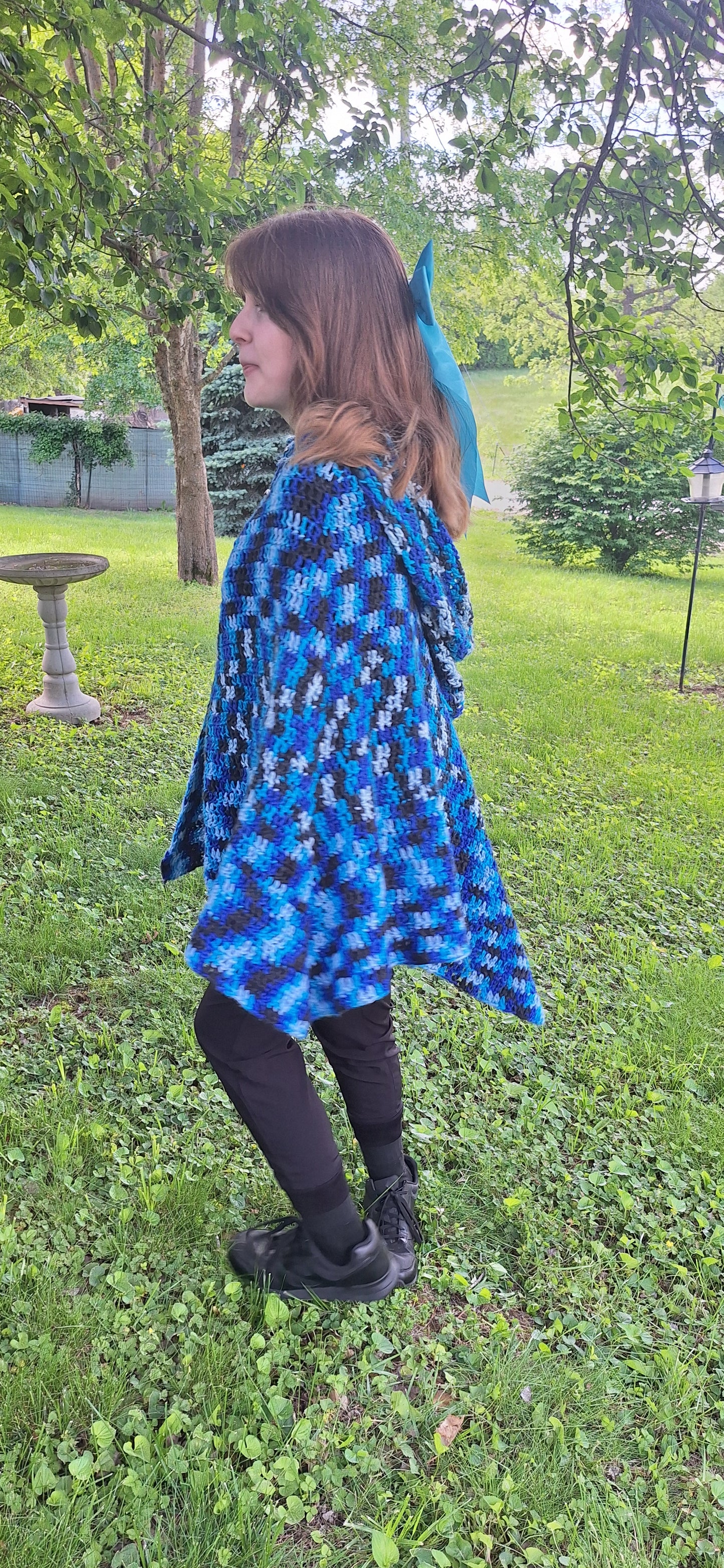 Stormwatch Hooded Cape – Handmade Crochet Cape in Blue, Black & White | Fantasy-Inspired Cloak with Clasp