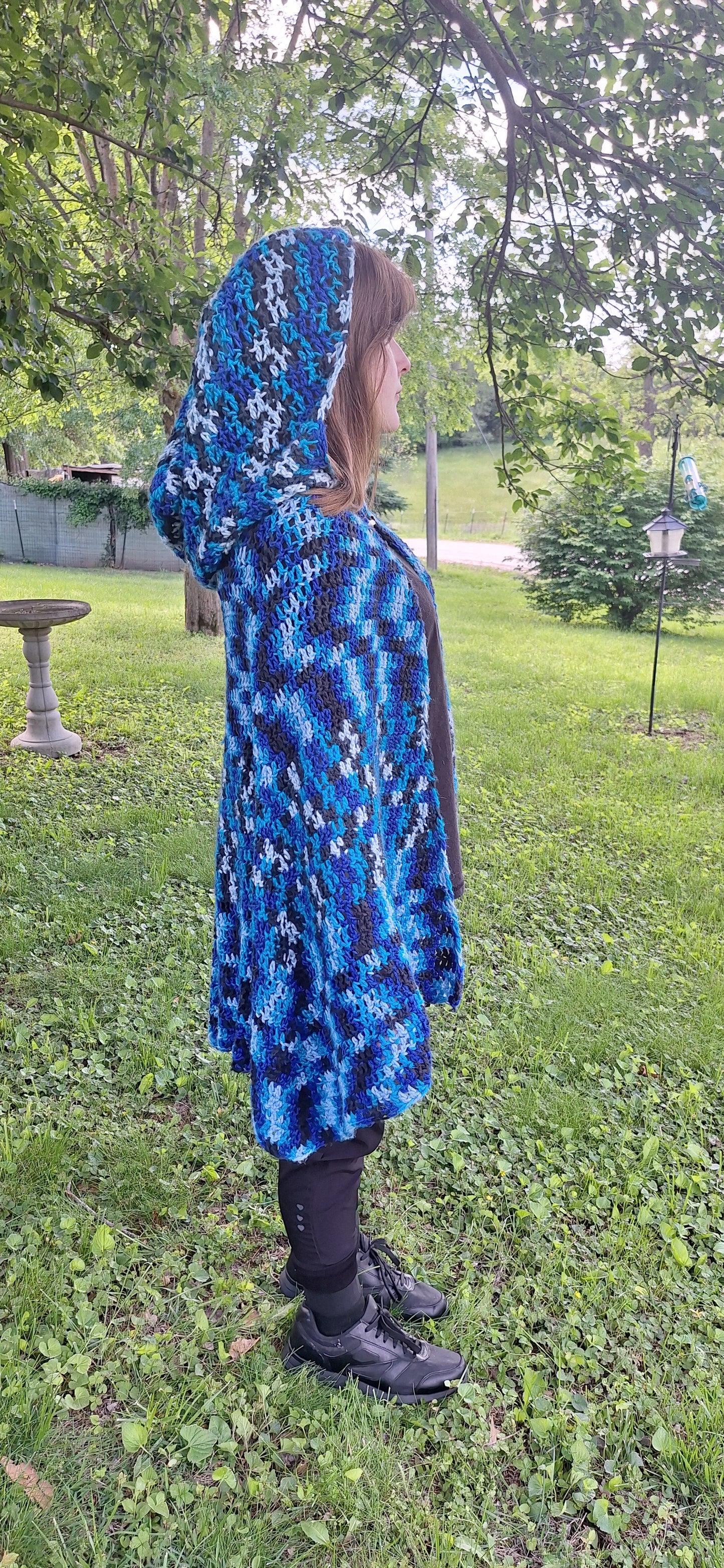 Stormwatch Hooded Cape – Handmade Crochet Cape in Blue, Black & White | Fantasy-Inspired Cloak with Clasp