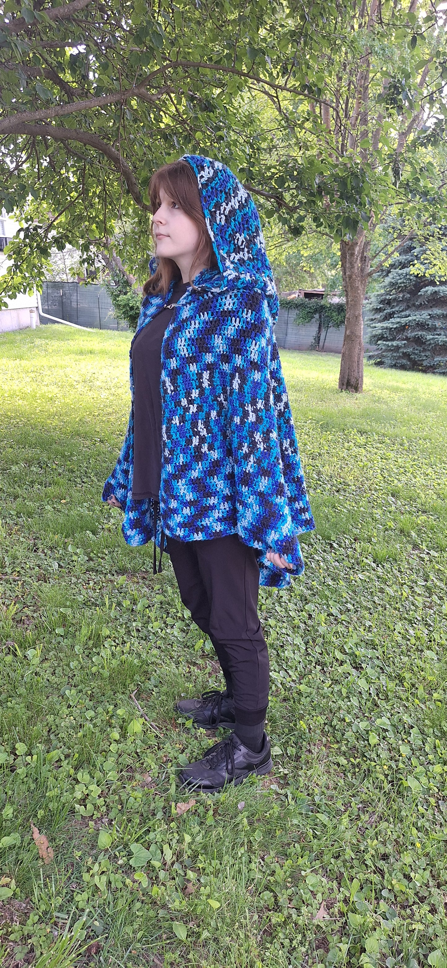 Stormwatch Hooded Cape – Handmade Crochet Cape in Blue, Black & White | Fantasy-Inspired Cloak with Clasp