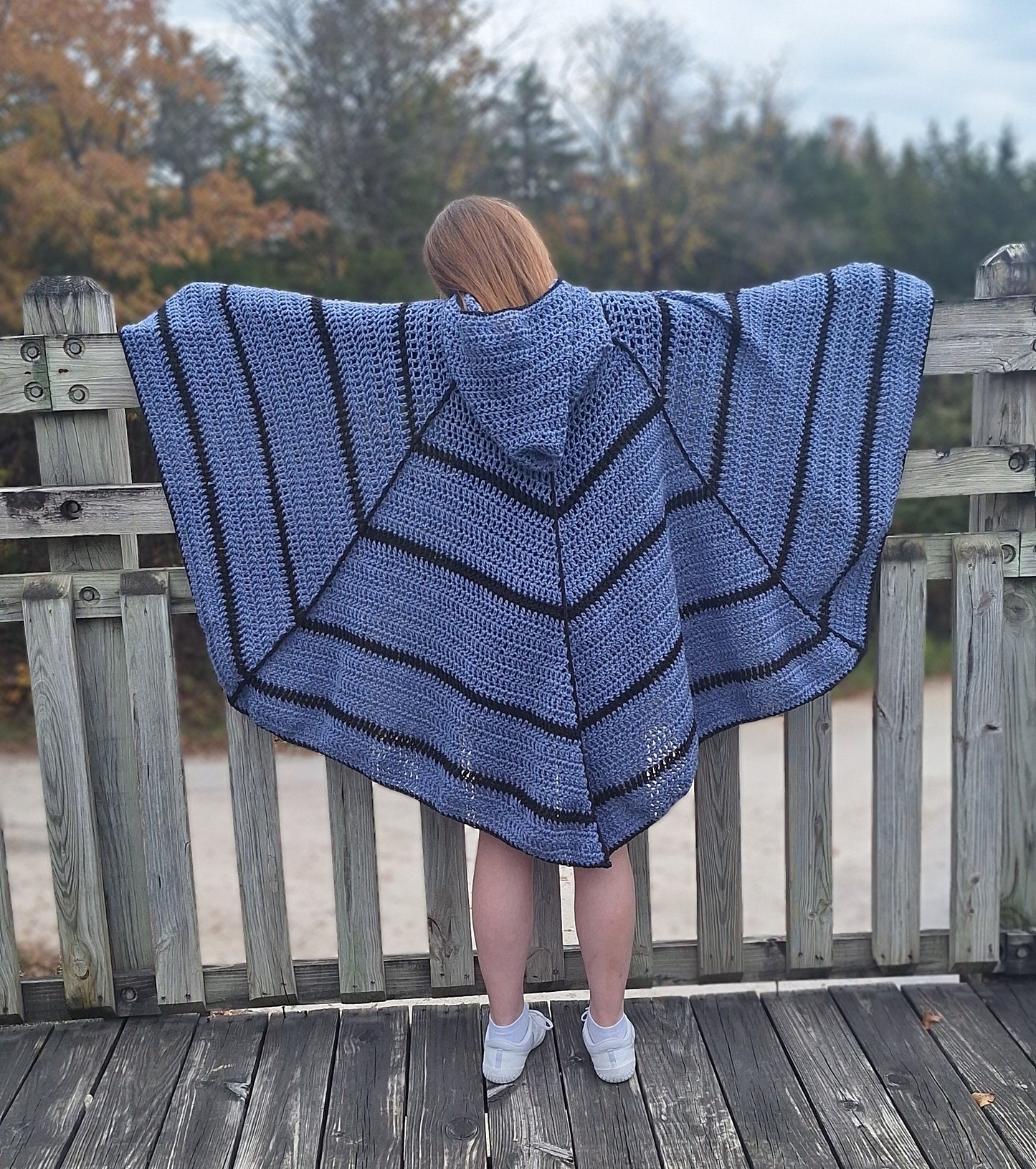 Denim Blue Spiderweb Hooded Crochet Cape/Cloak