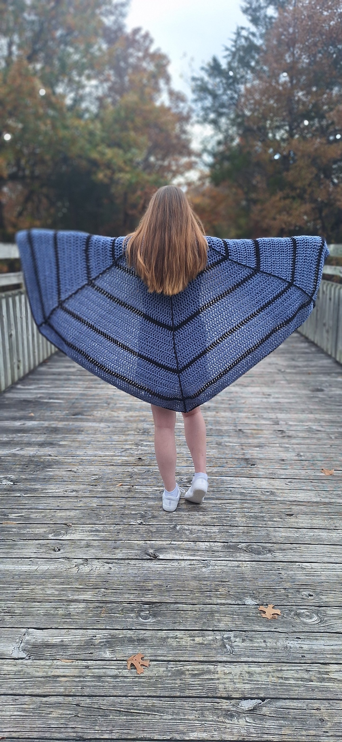 Denim Blue Spiderweb Hooded Crochet Cape/Cloak