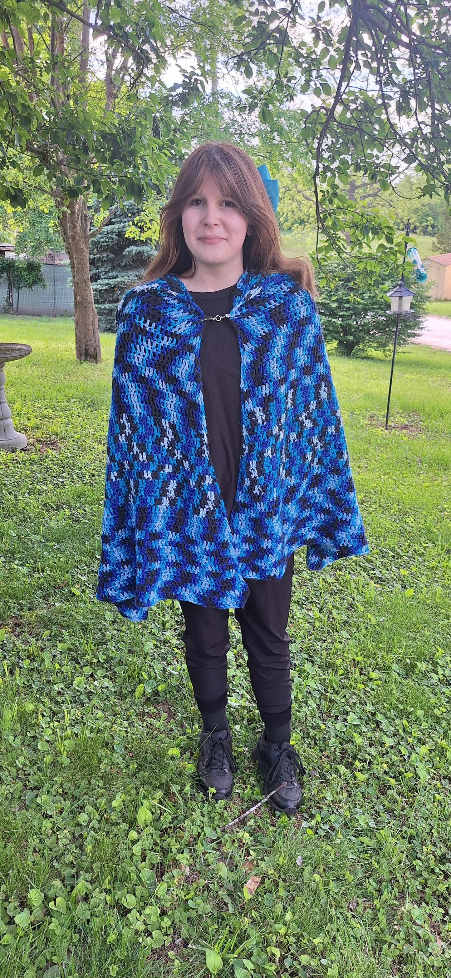 Stormwatch Hooded Cape – Handmade Crochet Cape in Blue, Black & White | Fantasy-Inspired Cloak with Clasp