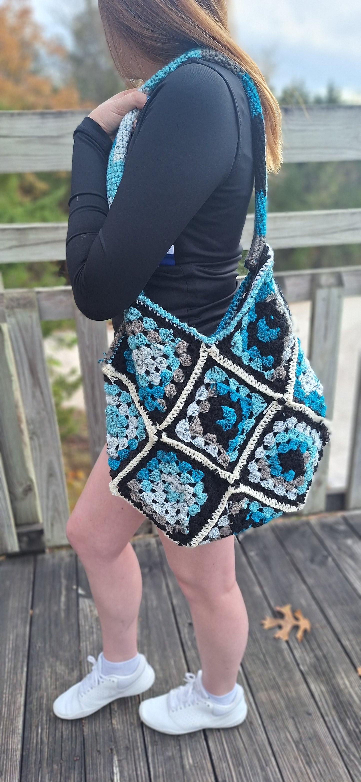 Handmade Crocheted Shoulder Purse – Black, Blue & White Granny Squares