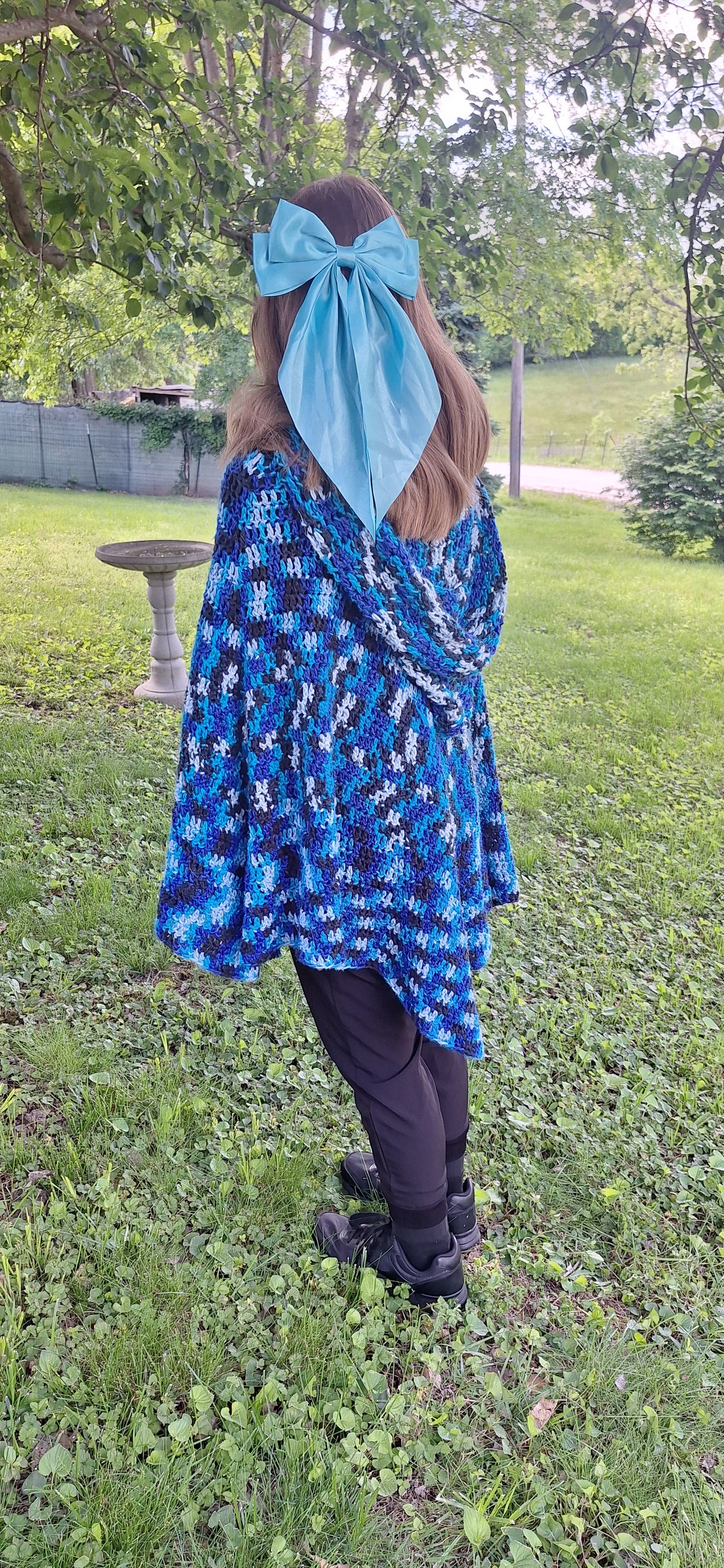 Stormwatch Hooded Cape – Handmade Crochet Cape in Blue, Black & White | Fantasy-Inspired Cloak with Clasp