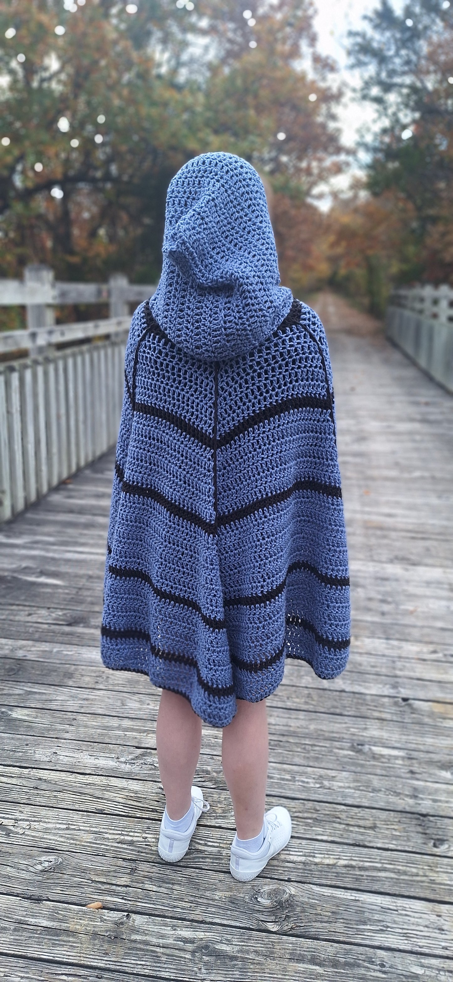 Denim Blue Spiderweb Hooded Crochet Cape/Cloak