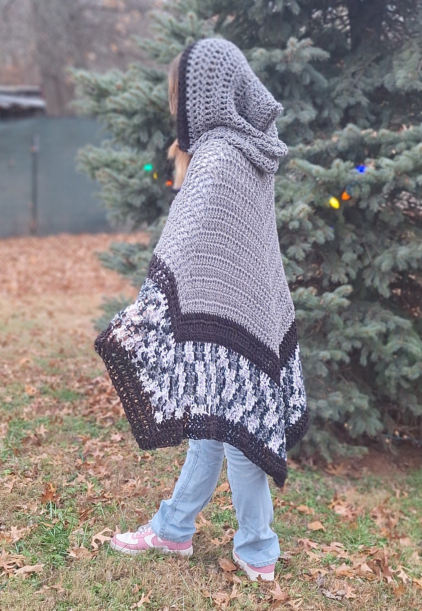 Handmade Crocheted Hooded Cape in Gray, Black & White | Cozy Winter Layer, One Size Fits Most