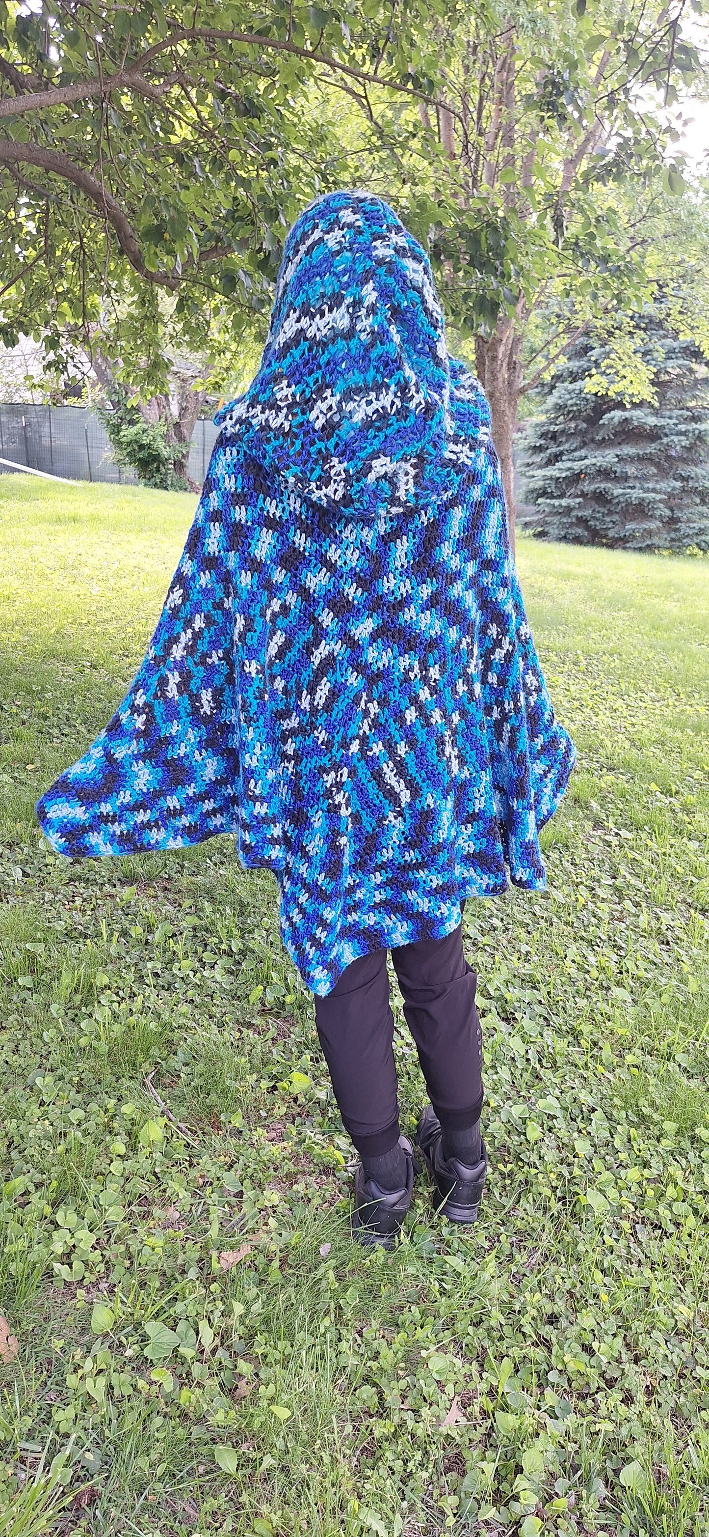 Stormwatch Hooded Cape – Handmade Crochet Cape in Blue, Black & White | Fantasy-Inspired Cloak with Clasp
