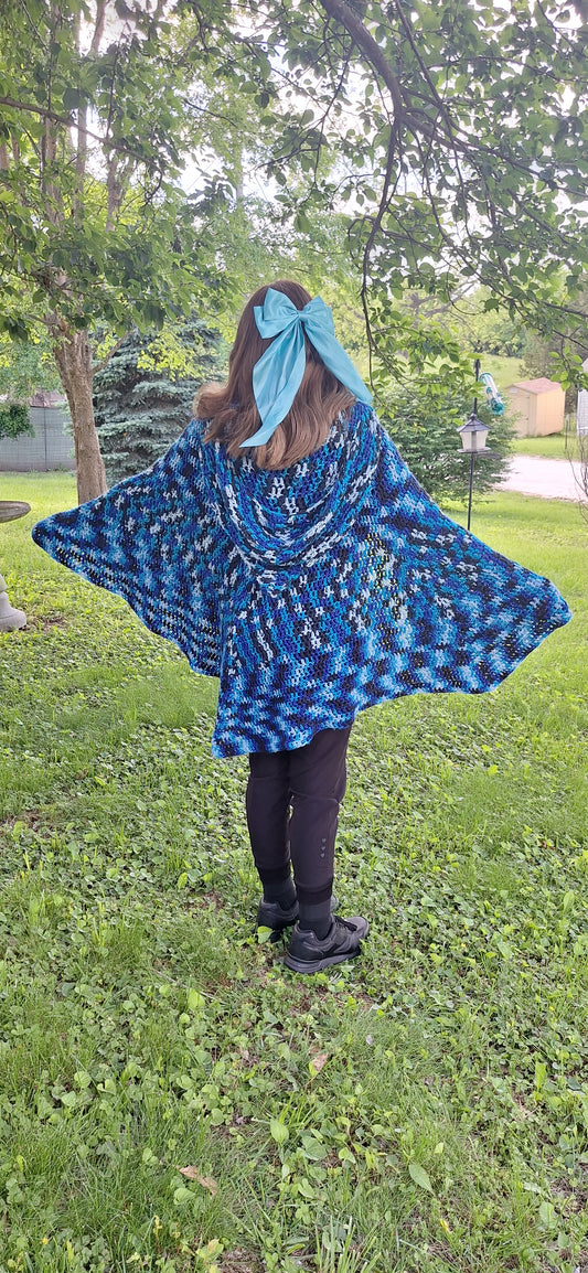 Stormwatch Hooded Cape – Handmade Crochet Cape in Blue, Black & White | Fantasy-Inspired Cloak with Clasp