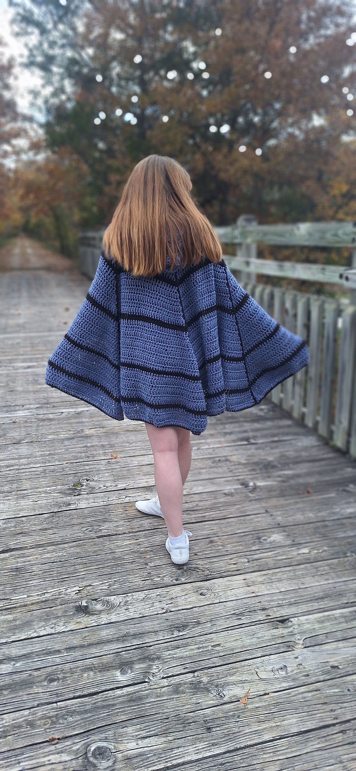 Denim Blue Spiderweb Hooded Crochet Cape/Cloak