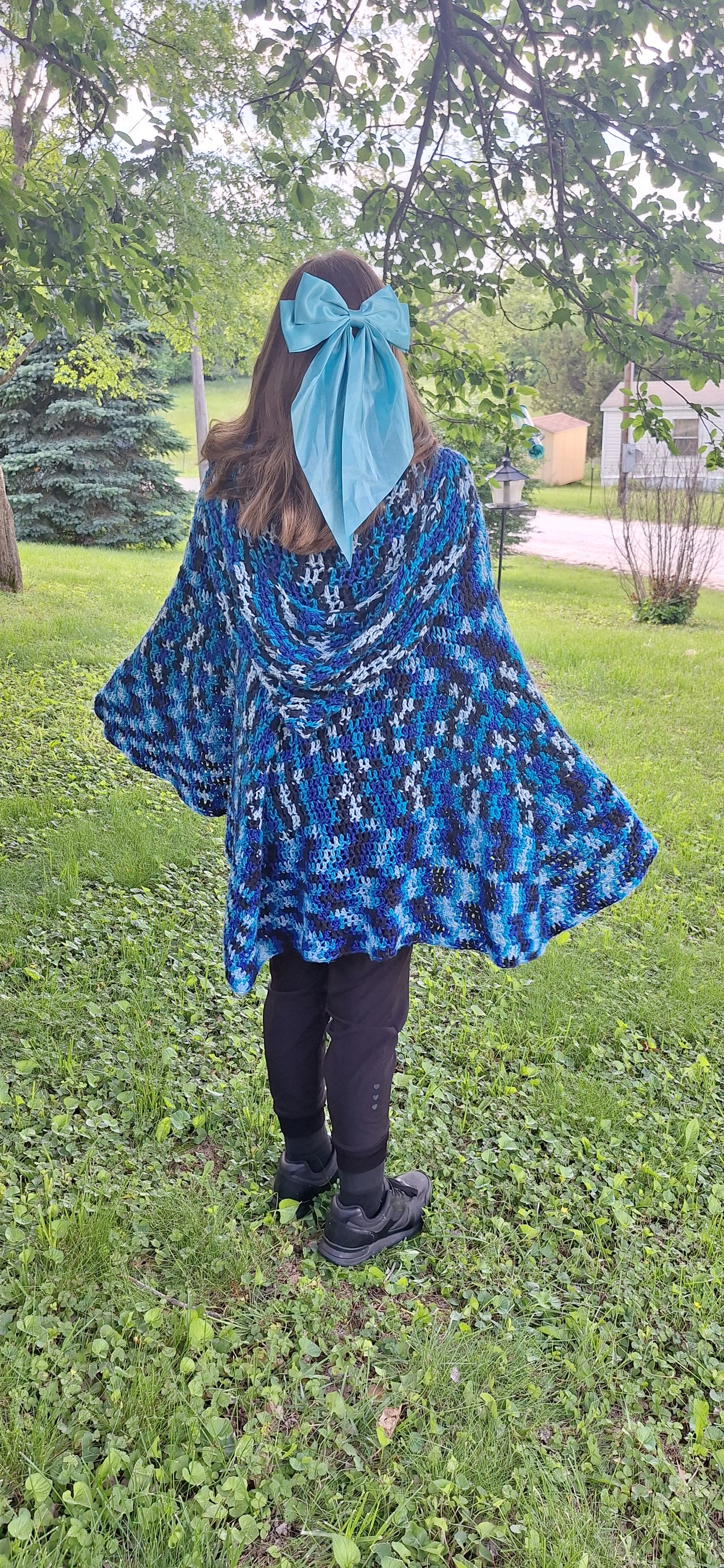 Stormwatch Hooded Cape – Handmade Crochet Cape in Blue, Black & White | Fantasy-Inspired Cloak with Clasp