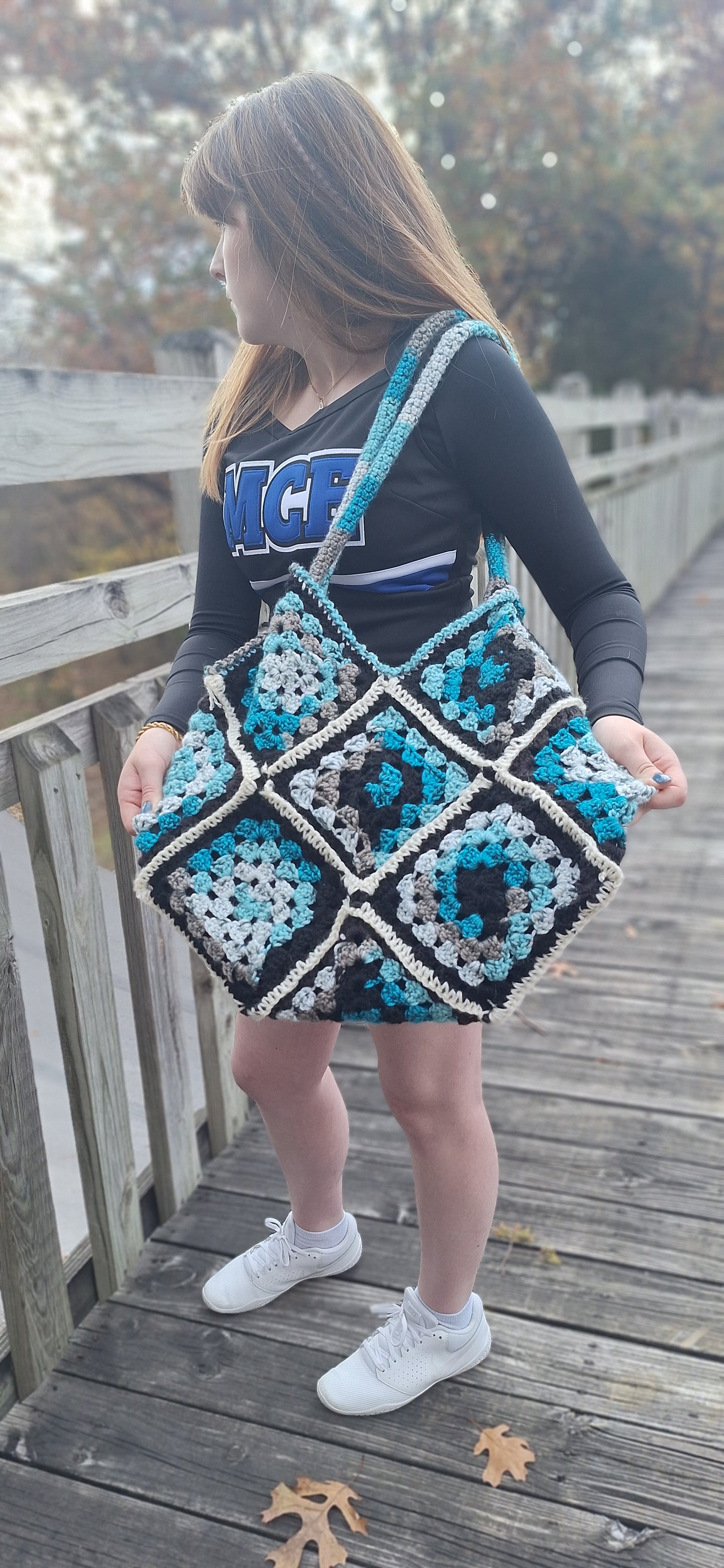 Handmade Crocheted Shoulder Purse – Black, Blue & White Granny Squares