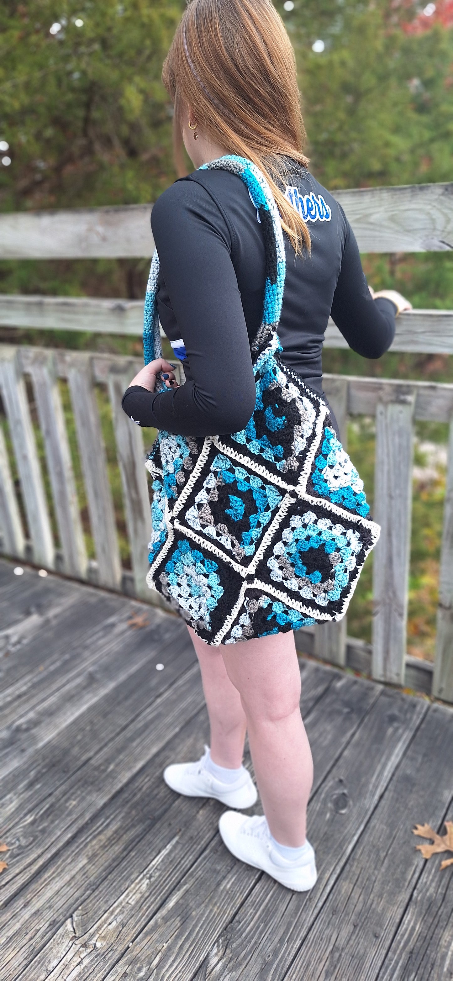 Handmade Crocheted Shoulder Purse – Black, Blue & White Granny Squares