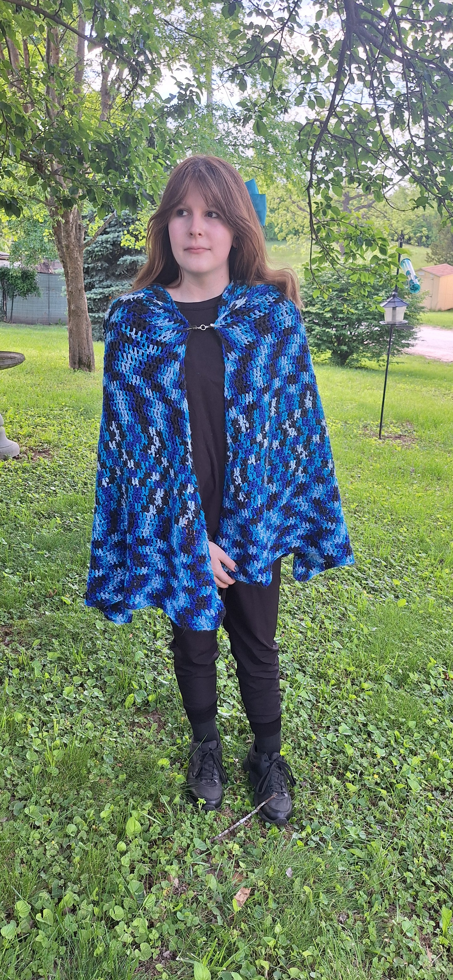 Stormwatch Hooded Cape – Handmade Crochet Cape in Blue, Black & White | Fantasy-Inspired Cloak with Clasp
