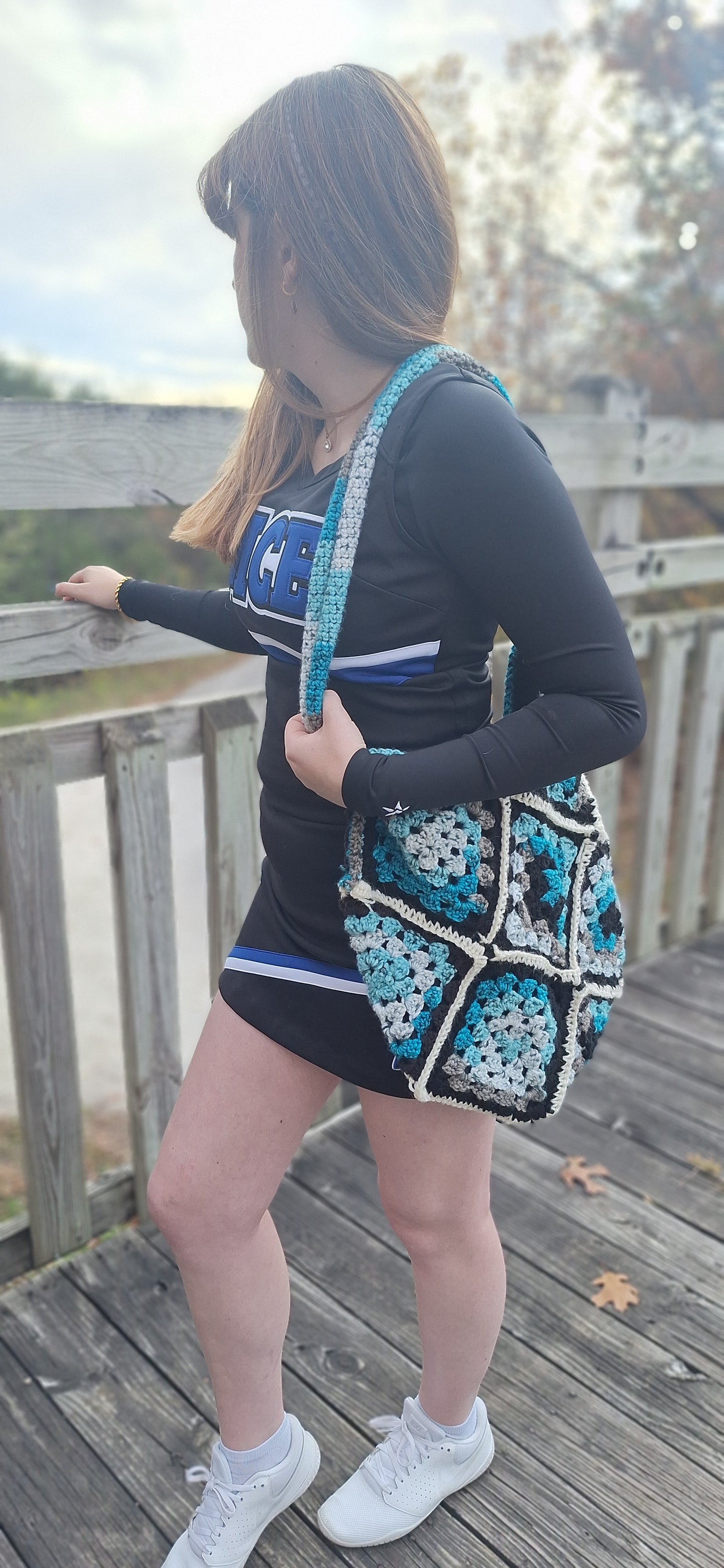 Handmade Crocheted Shoulder Purse – Black, Blue & White Granny Squares