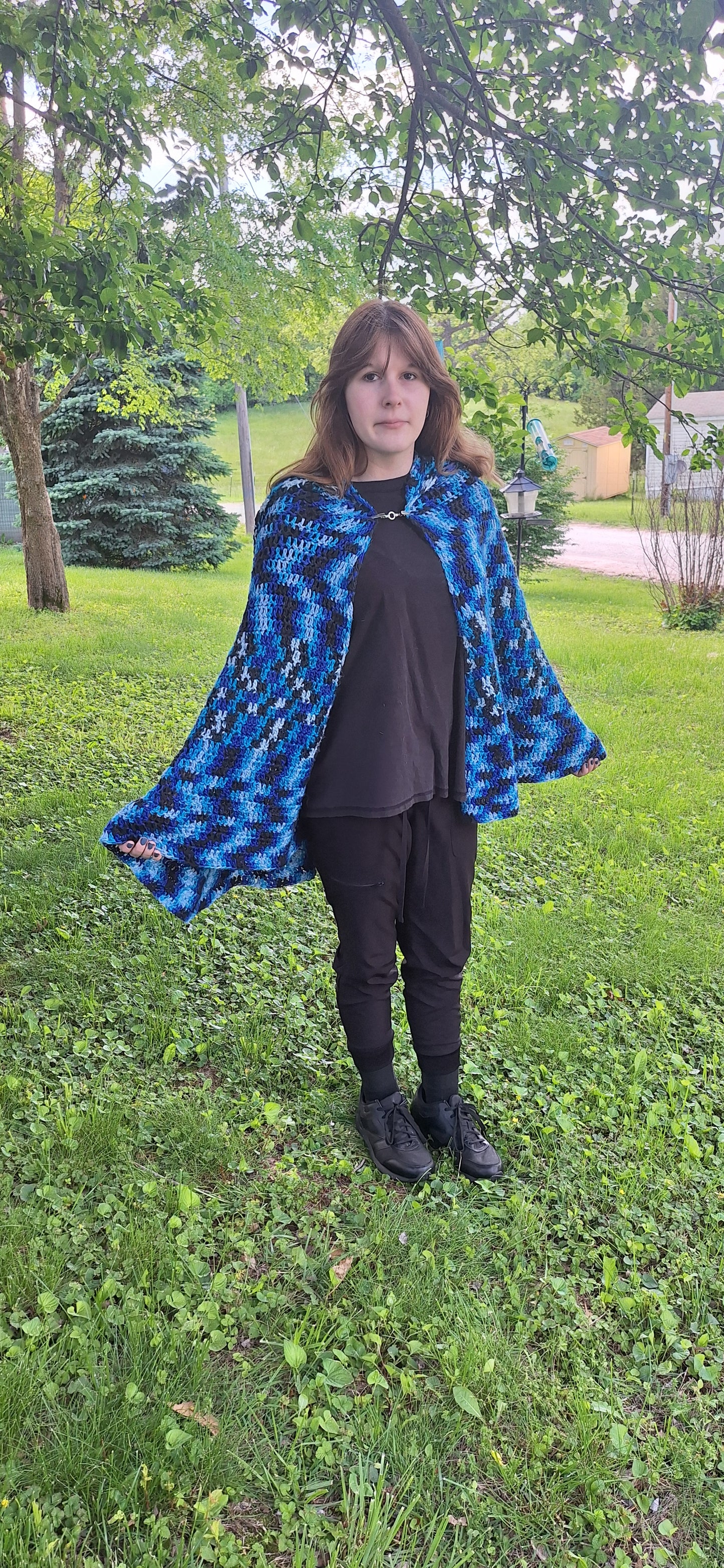 Stormwatch Hooded Cape – Handmade Crochet Cape in Blue, Black & White | Fantasy-Inspired Cloak with Clasp
