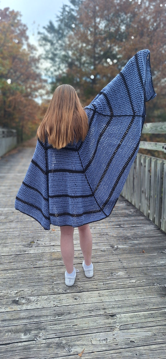 Denim Blue Spiderweb Hooded Crochet Cape/Cloak